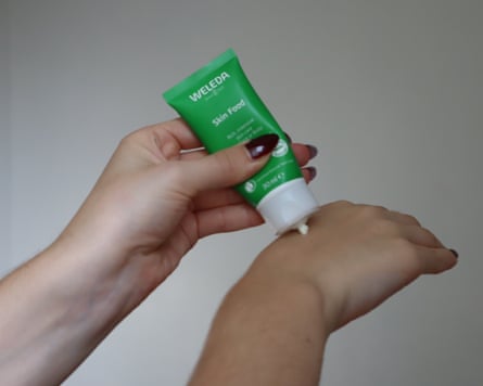 The writer tests Weleda Skin Food on the back of her hand