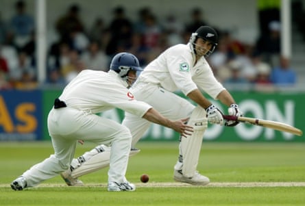 New Zealand captain Stephen Fleming turns the ball past England’s Andrew Strauss during the opening day of their third Test at Trent Bridge, Nottingham
