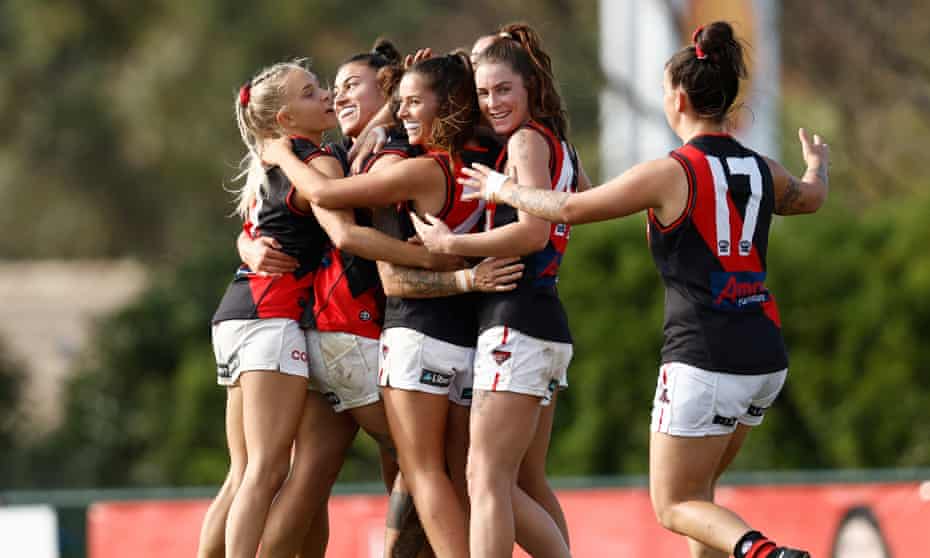 Mia-Rae Clifford of Essendon celebrates a goal during the round 12 VFLW match against the Box Hill Hawks. 