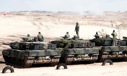 German-made Leopard 2 tanks are lined up after a joint exercise between the Polish and US armies last year.