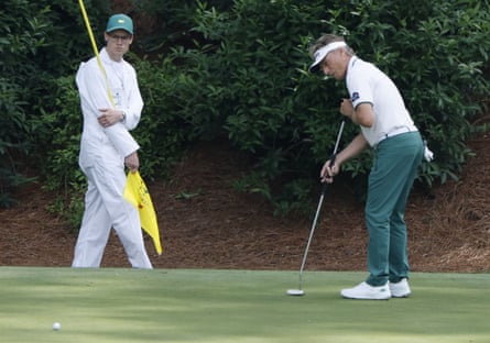 Bernhard Langer sinks a putt on the 12th green during the second round of the 2025 Masters.