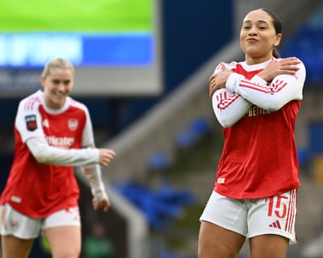 Olivia Smith celebrates scoring Arsenal’s third goal in their win against Everton.