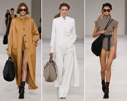 Composite image of three models on the runway at the Max Mara fashion show