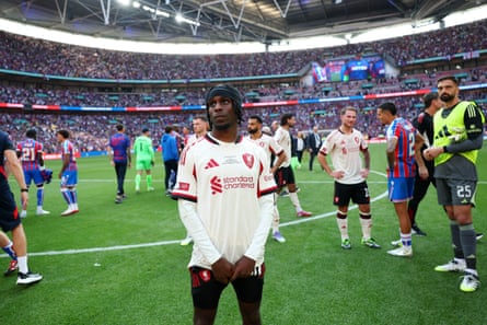 Jeremie Frimpong of Liverpool looks dejected after defeat in the Community Shield