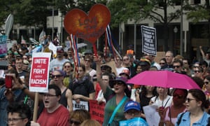 Counter-protesters gather in Freedom Plaza in Washington, DC, in anticipation of a white supremacist rally on Sunday