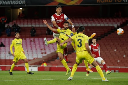 Pierre-Emerick Aubameyang hits the post for the first time on the night with a towering header but Arsenal huffed and puffed to little effect.