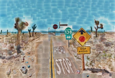 Pearblossom Hwy (Second Version), 1986Another pioneering work, this photographic collage collapses traditional perspective and thrusts the viewer right into the road trip it conveys. Assembled from hundreds of 6x4 inch photos of Joshua trees, sky, scrub and road signs, all taken from different spots, it is a cubist take on the Mojave Desert in California.