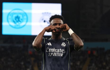 Real Madrid's Vinicius Junior celebrates scoring their first goal.