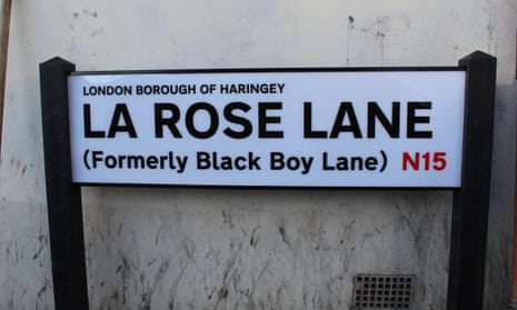 Street sign in London reads: ‘London borough of Haringey, La Rose Lane (formerly Black Boy Lane) N15’