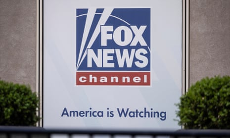 A logo of Fox News is displayed outside Fox News Headquarters
