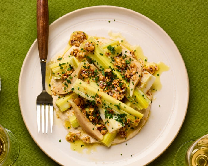 Image accompanying the story: Jackson Boxer’s vegan recipe for poached leeks with pickled pear and hazelnuts
