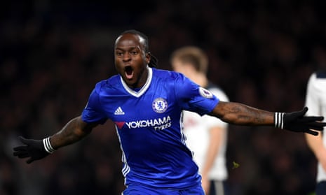 Chelsea’s Victor Moses of Chelsea celebrates scoring a a rare goal, the winner on the 2-1 home win over Tottenham in November.