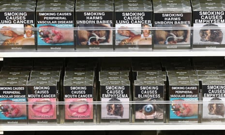 Cigarette packets with health warnings as mandated by Australia’s plain-packaging laws.