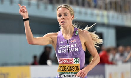 Keely Hodgkinson celebrates winning the women’s 800m at the European Indoor Athletics Championships in Istanbul in March 2023
