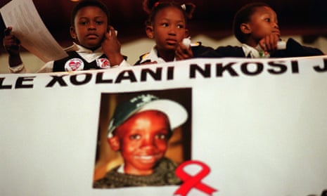 Children attend a 2001 memorial service for Nkosi Johnson, who died of Aids after addressing an international Aids conference the previous year