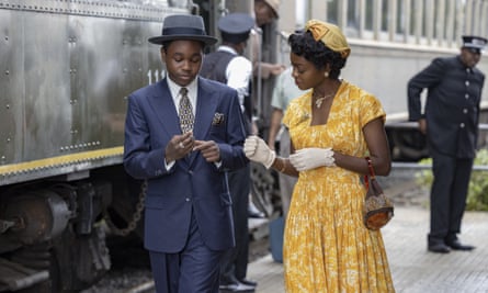 Jalyn Hall as Emmett Till and Danielle Deadwyler as Mamie Till-Mobley in Till.