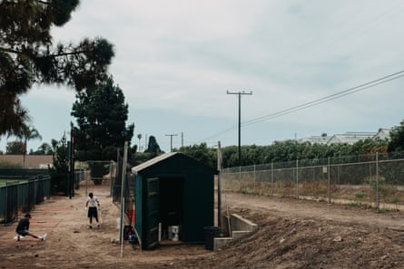 children playing on dirty patch next to weed farm