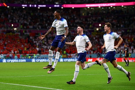 Glee for Rashford as he scores his second World Cup goal.