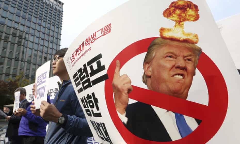 South Korean protesters stage a rally against a planned visit by Donald Trump.