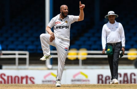 Sajid Khan of Pakistan celebrates the dismissal of Shamar Joseph of West Indies during the 2nd day of the 2nd Test match between West Indies and Pakistan