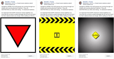 The Trump campaign ran a number of ads on Facebook lambasting “antifa”. Those using the inverted red triangle, a symbol used by Nazis in the concentration camps, have been removed.