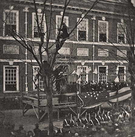 Abraham Lincoln speaks at Independence Hall in Philadelphia in February 1861.