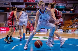 Girona, SpainA Perfumerías Avenida player dribbles the ball against Spar Girona during a Spanish Women’s Basketball League match in Girona.