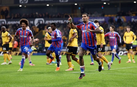 Daniel Muñoz celebrates scoring for Crystal Palace against Wolves.