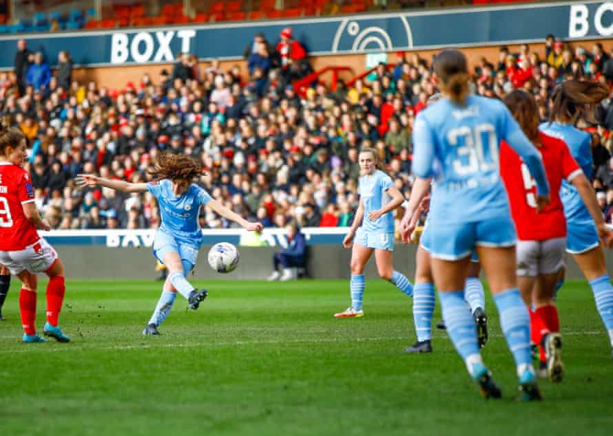 Manchester City academy graduate Jemima Dahou shoots after coming on in the 75th minute to make her debut.