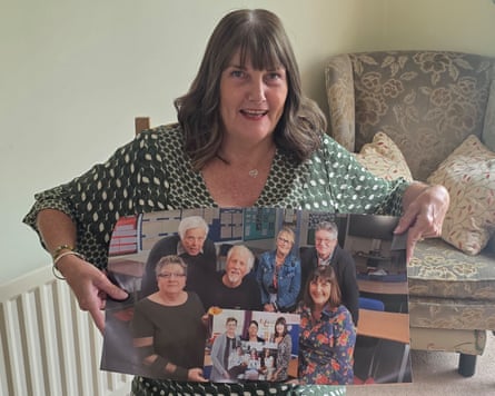 Sue holds a picture showing some of the Up series participants younger, who are holding a picture of themselves younger, and so on