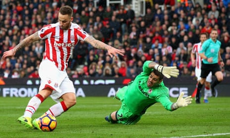 Stoke’s Marko Arnautovic opens the scoring past Middlesbrough’s goalkeeper Victor Valdes.