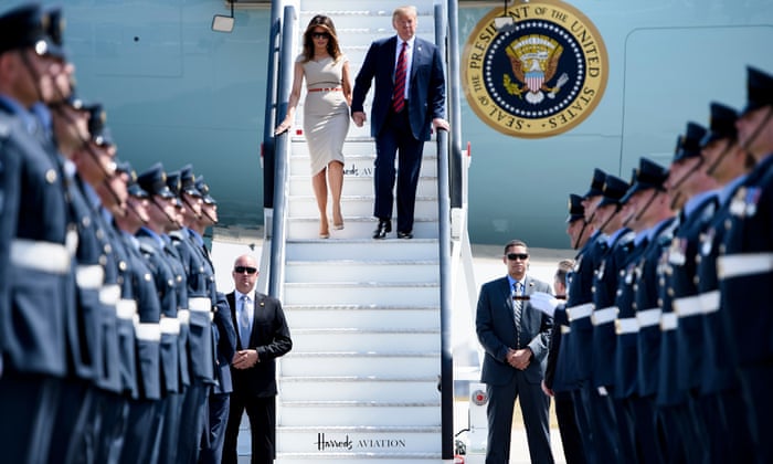 Donald Trump and US first lady Melania Trump disembarking Air Force One at Stansted Airport earlier.