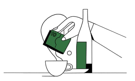 Illustration of hand holding note, coffee cup and wine bottle
