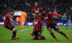  Jordon Ibe of Bournemouth celebrates with his team-mates after scoring the winning goal against Arsenal on Sunday.