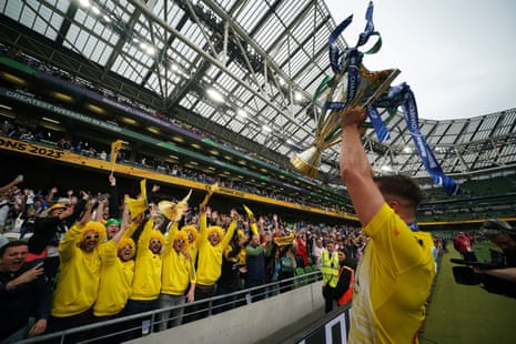 La Rochelle's Thomas Lavault celebrates with the trophy after the Champions Cup final victory over Leinster.