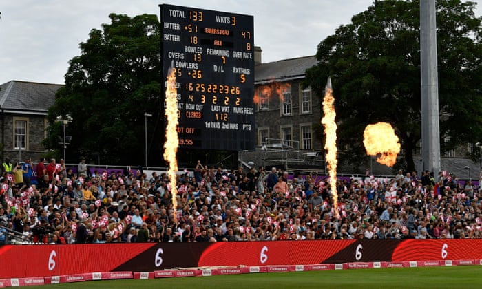 The flames erupt after a six from Jonny Bairstow of England.