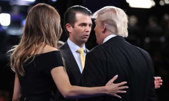 Donald Trump Jr with his father Donald Trump and Melania Trump at the end of the first presidential debate at Hofstra University in September 2016. 