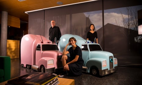 Art collectors and owners of the Housemuseum Galleries, Corbett and Yueji Lyon with daughter Jaqlin, with Patricia Piccini’s Truck Babies. Photograph by Christopher Hopkins for The Guardian