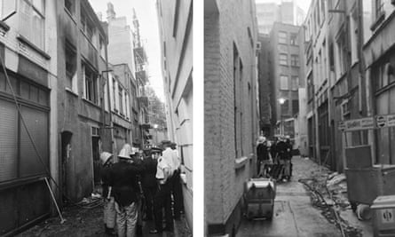 Firemen at Denmark Place, an alley on the edge of Soho.
