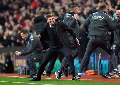 Aston Villa manager Steven Gerrard celebrates the opening goal scored by Aston Villa’s Ollie Watkins.