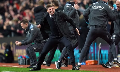 Steven Gerrard celebrates after Ollie Watkins scores for Aston Villa against Brighton