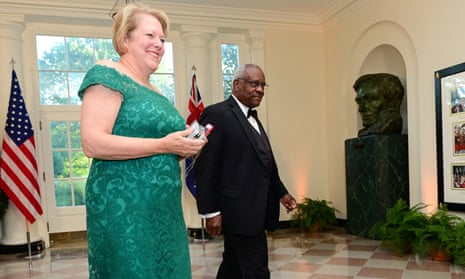 Ginni Thomas and her husband, Justice Clarence Thomas arrive for a state dinner at the White House in 2019.