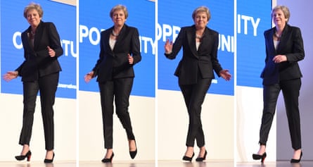 Four pictures side by side of Theresa May dancing on to a stage 