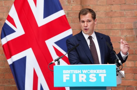 Reform UK treasury spokesperson Robert Jenrick speaking at a podium during a press conference.