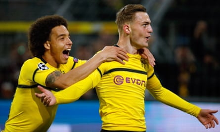 Jacob Bruun Larsen, right, celebrates with Axel Witsel after scoring against Monaco in the Champions League in early October.
