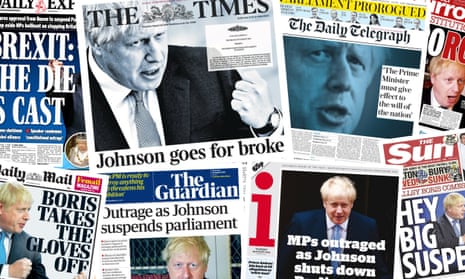 Front pages of the British papers on Thursday 29 August 2019 after PM Boris Johnson received approval to prorogue parliament, suspending it for five weeks.