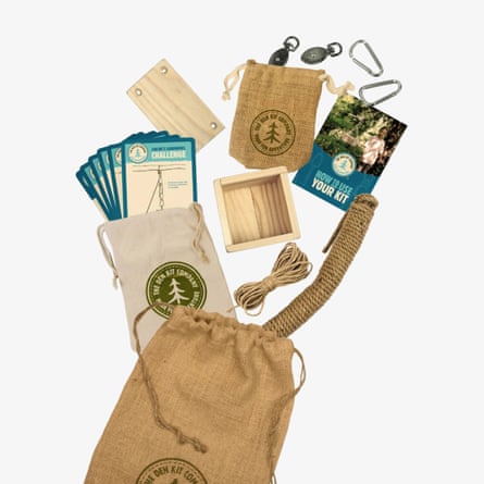 The Den Kit Company Pulleys Kit laid out, including pouches, rope, carabiners, pulleys and instruction cards