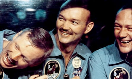 Michael Collins, centre, with Apollo 11 crewmates Buzz Aldrin, right, and Neil Armstrong, left, in a still from the documentary film In The Shadow Of The Moon, 2007.