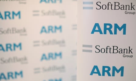 An ARM and SoftBank Group branded board displayed at news conference in London