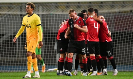 Shkendija’s players celebrate Valmir Nafiu’s second-half equaliser.